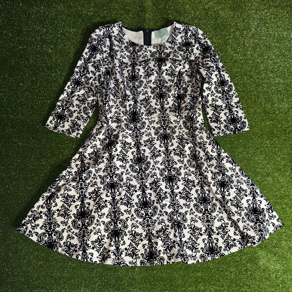 Skies Are Blue Black White Damask Print Fit Flare Dress 3/4 Sleeve Size M